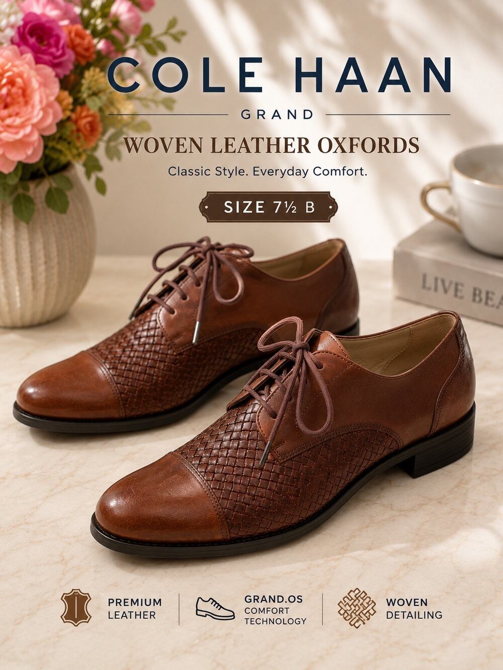 Cole Haan Grand Woven Leather Oxford Lace-Up Size 7.5B Comfort Dress Flats